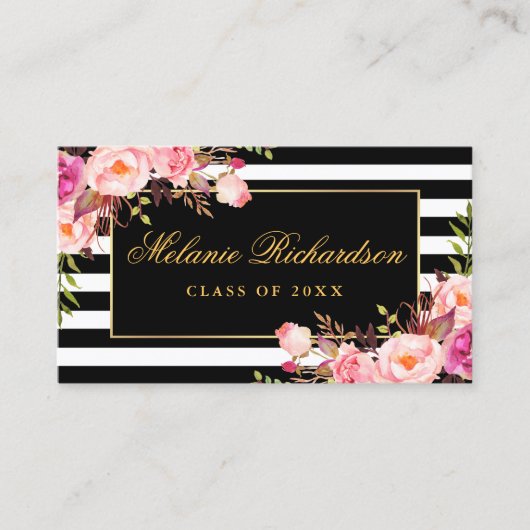 Afstuderen Networking Gold Pink Floral Striped Visitekaartje (Voorkant)