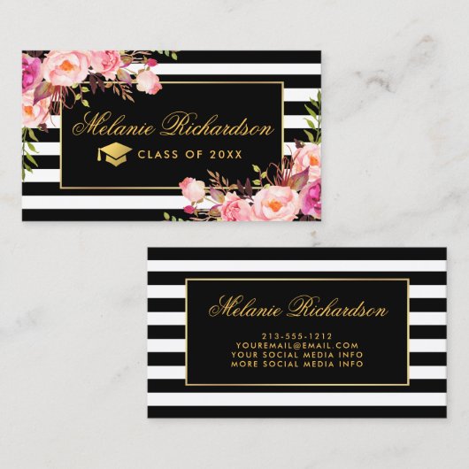 Afstuderen Networking Roze Bloemen Goud Gestreept Visitekaartje (Voorkant / Achterkant)
