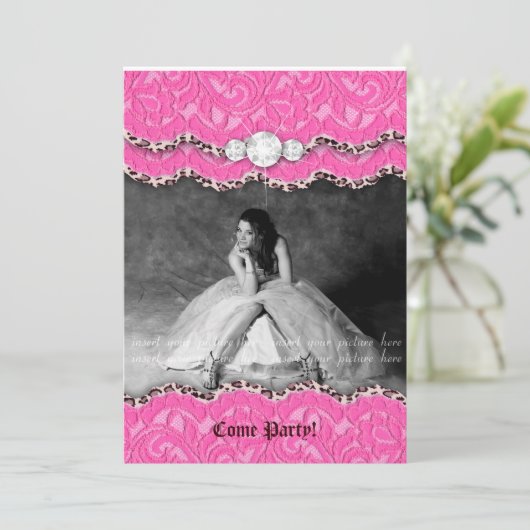 Afstuderen nodigt aankondiging Leopard Makeup Pink (Staand voorkant)