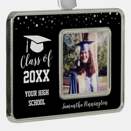 Afstuderen One Photo Confetti Verzilverd Omlijst Ornament (Rechts)