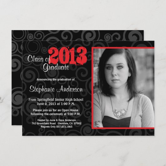 Afstuderen Open House Retro Swirls Neon Red Invite Kaart (Voorkant / Achterkant)