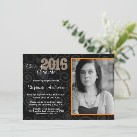 Afstuderen Open Huis Retro Swirls Sinaasappel Invi Kaart (Staand voorkant)