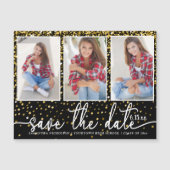 Afstuderen Opslaan Datum 3 Foto Gold Glitter Black Magnetische Uitnodiging (Voorkant)