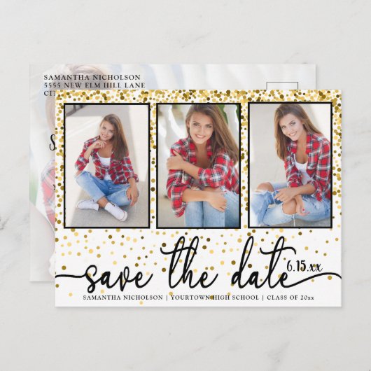 Afstuderen Opslaan Datum 4 Foto Gold Glitter White Uitnodiging Briefkaart (Voorkant / Achterkant)