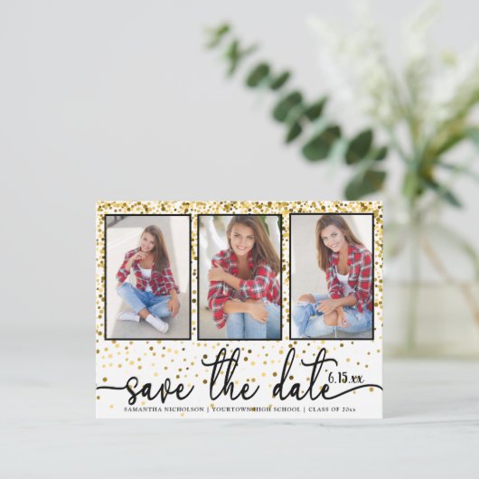 Afstuderen Opslaan Datum 4 Foto Gold Glitter White Uitnodiging Briefkaart (Staand voorkant)