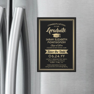 Afstuderen Opslaan Datum Elegant Black en Gold Magnetische Uitnodiging