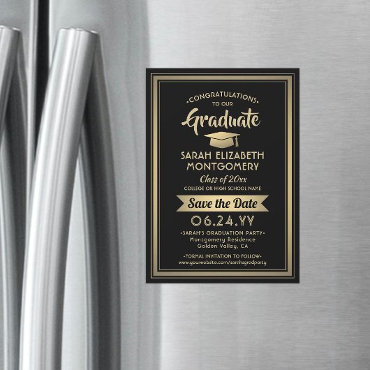 Afstuderen Opslaan Datum Elegant Black en Gold Magnetische Uitnodiging