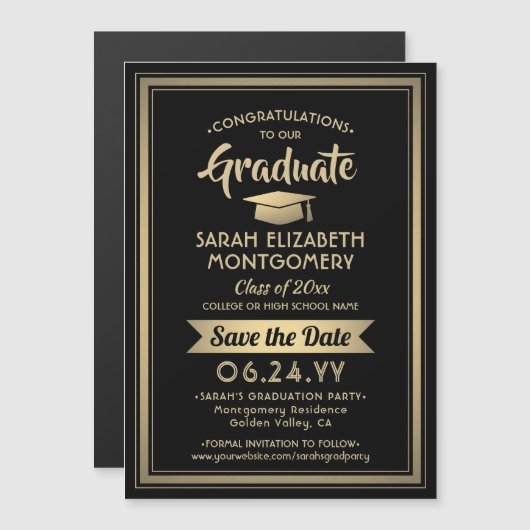 Afstuderen Opslaan Datum Elegant Black en Gold Magnetische Uitnodiging (Voorkant / Achterkant)