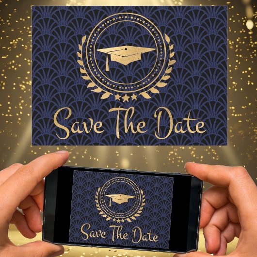 Afstuderen Opslaan Datum Gold Pet Art Deco Blue Save The Date