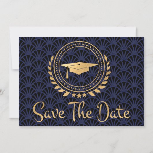 Afstuderen Opslaan Datum Gold Pet Art Deco Blue Save The Date (Voorkant)