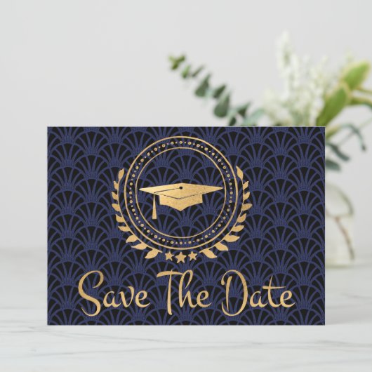 Afstuderen Opslaan Datum Gold Pet Art Deco Blue Save The Date (Staand voorkant)
