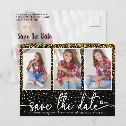 Afstuderen Opslagdatum 4 Foto Gold Glitter Black Uitnodiging Briefkaart (Voorkant / Achterkant)