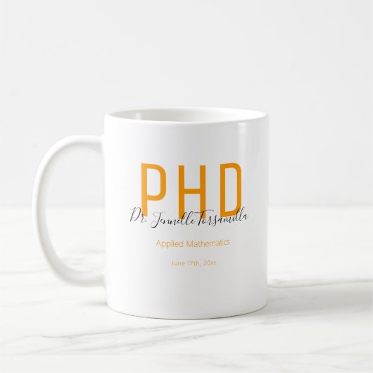 Afstuderen Oranje zwarte datumnaam graad PhD Koffiemok (Links)
