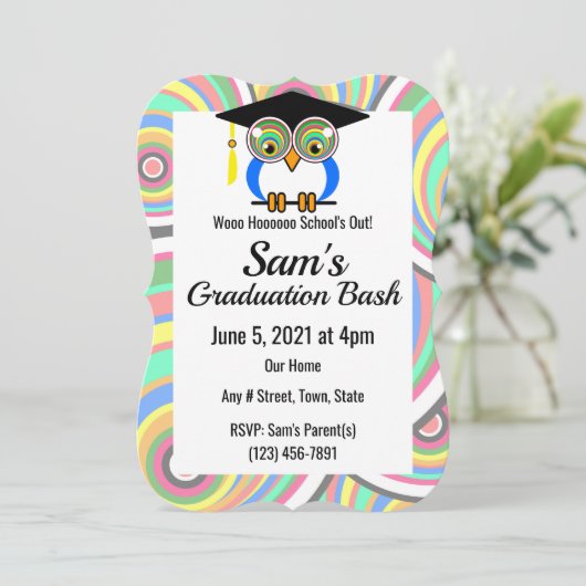 Afstuderen Owl - Fun, Colorful, Celebration Invi Kaart (Staand voorkant)