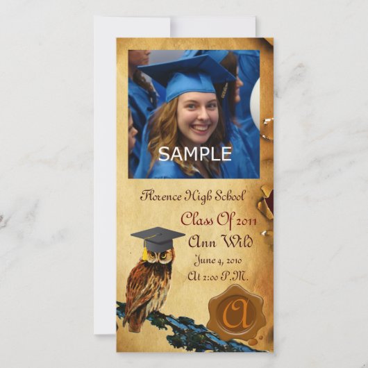 AFSTUDEREN OWL PARCHMENT BROWN WAX SEAL MONOGRAM AANKONDIGING (Voorkant)