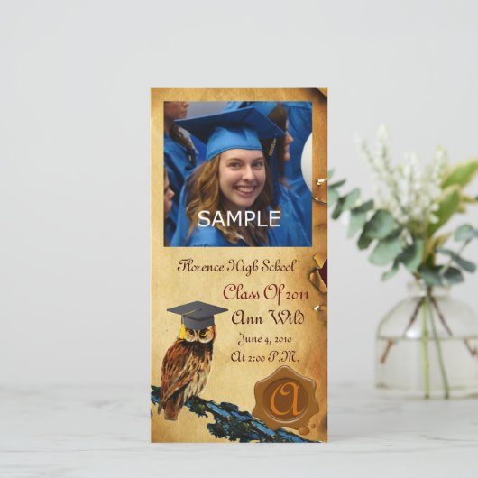 AFSTUDEREN OWL PARCHMENT BROWN WAX SEAL MONOGRAM AANKONDIGING (Staand voorkant)