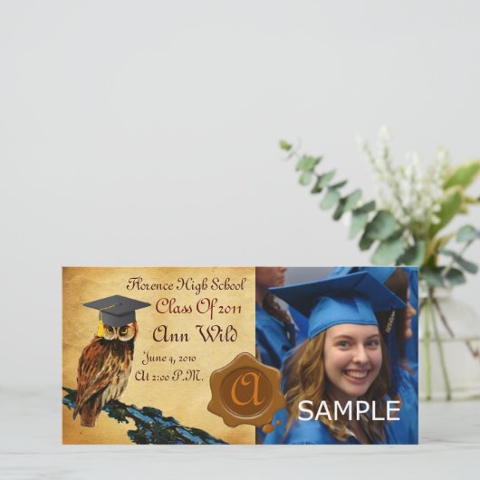 AFSTUDEREN OWL PARCHMENT BROWN WAX SEAL MONOGRAM AANKONDIGING (Staand voorkant)