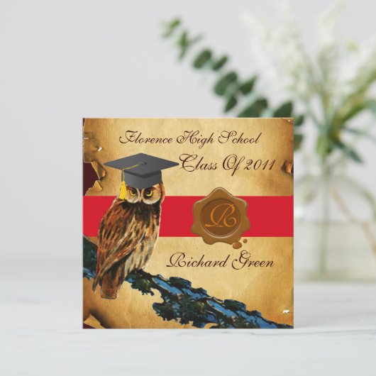 AFSTUDEREN OWL PARCHMENT BROWN WAX SEAL MONOGRAM KAART (Staand voorkant)