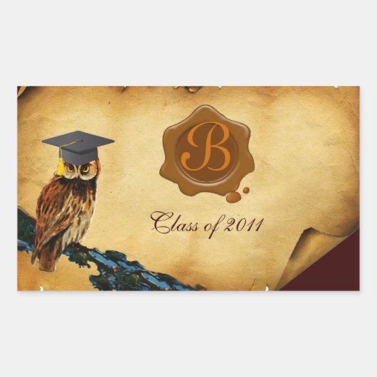 AFSTUDEREN OWL PARCHMENT BROWN WAX SEAL MONOGRAM RECHTHOEKIGE STICKER (Voorkant)