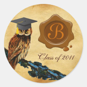 AFSTUDEREN OWL PARCHMENT BROWN WAX SEAL MONOGRAM RONDE STICKER