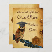 AFSTUDEREN OWL PARCHMENT BROWN WAX SEAL MONOGRAM UITNODIGING BRIEFKAART (Voorkant / Achterkant)