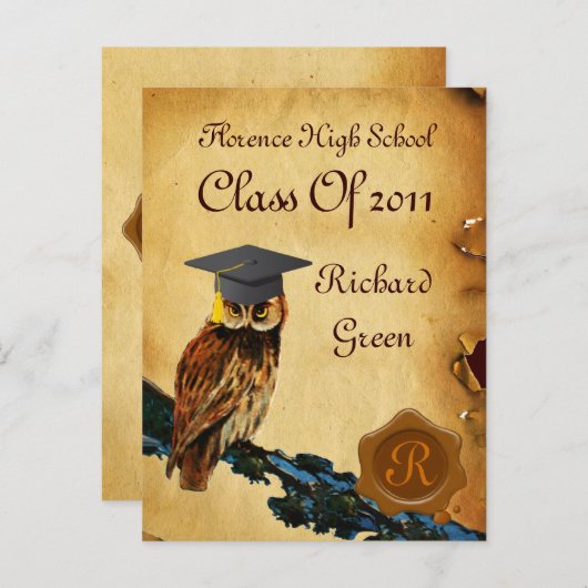 AFSTUDEREN OWL PARCHMENT BROWN WAX SEAL MONOGRAM UITNODIGING BRIEFKAART (Voorkant / Achterkant)