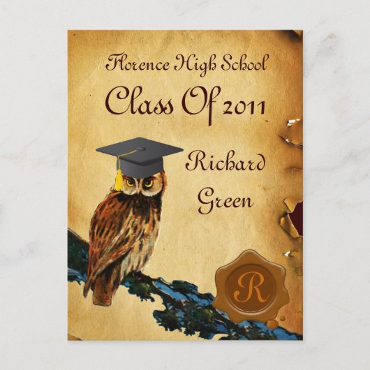 AFSTUDEREN OWL PARCHMENT BROWN WAX SEAL MONOGRAM UITNODIGING BRIEFKAART (Voorkant)