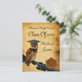 AFSTUDEREN OWL PARCHMENT BROWN WAX SEAL MONOGRAM UITNODIGING BRIEFKAART (Staand voorkant)