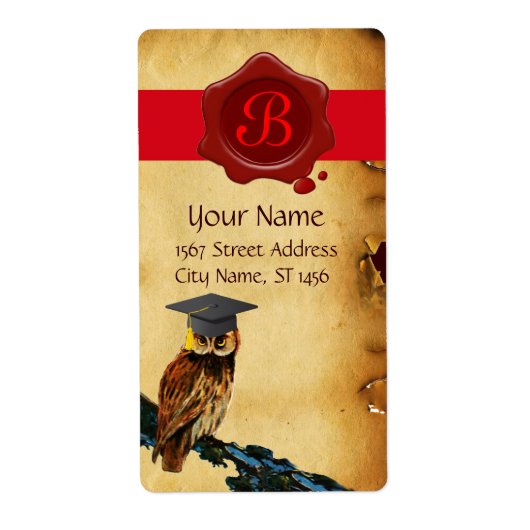 AFSTUDEREN OWL PARCHMENT EN RODE WAX SEAL MONOGRAM ETIKET (Voorkant)