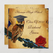AFSTUDEREN OWL PARCHMENT EN RODE WAX SEAL MONOGRAM KAART (Voorkant / Achterkant)