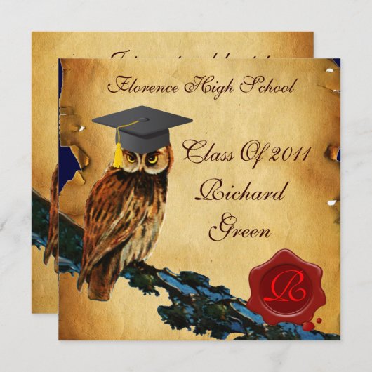 AFSTUDEREN OWL PARCHMENT EN RODE WAX SEAL MONOGRAM KAART (Voorkant / Achterkant)