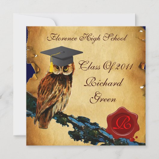 AFSTUDEREN OWL PARCHMENT EN RODE WAX SEAL MONOGRAM KAART (Voorkant)