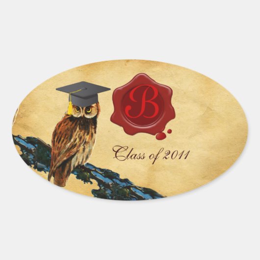 AFSTUDEREN OWL PARCHMENT EN RODE WAX SEAL MONOGRAM OVALE STICKER (Voorkant)
