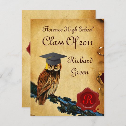 AFSTUDEREN OWL PARCHMENT EN RODE WAX SEAL MONOGRAM UITNODIGING BRIEFKAART (Voorkant / Achterkant)