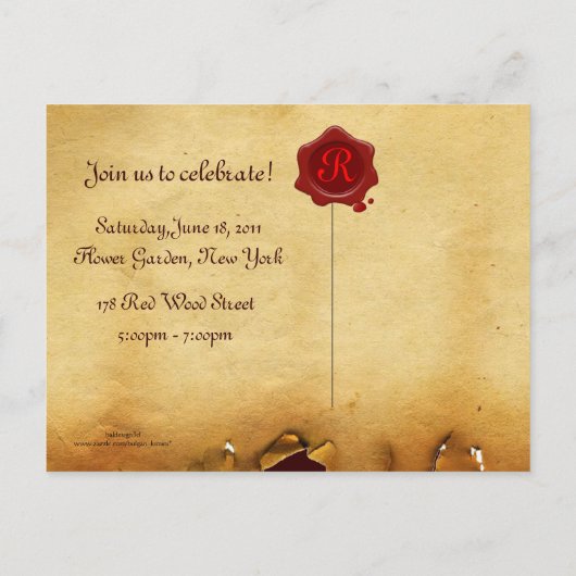 AFSTUDEREN OWL PARCHMENT EN RODE WAX SEAL MONOGRAM UITNODIGING BRIEFKAART (Achterkant)