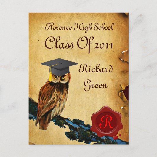 AFSTUDEREN OWL PARCHMENT EN RODE WAX SEAL MONOGRAM UITNODIGING BRIEFKAART (Voorkant)
