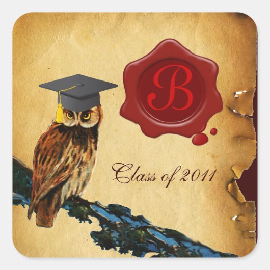 AFSTUDEREN OWL PARCHMENT EN RODE WAX SEAL MONOGRAM VIERKANTE STICKER (Voorkant)