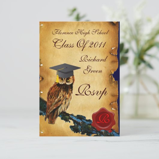 AFSTUDEREN OWL PARCHMENT RED WAX SEAL MONOGRAM AANKONDIGING (Staand voorkant)