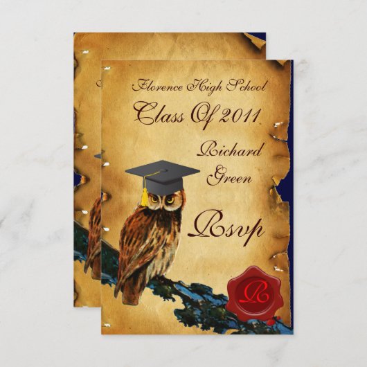 AFSTUDEREN OWL PARCHMENT RED WAX SEAL MONOGRAM AANKONDIGING (Voorkant / Achterkant)