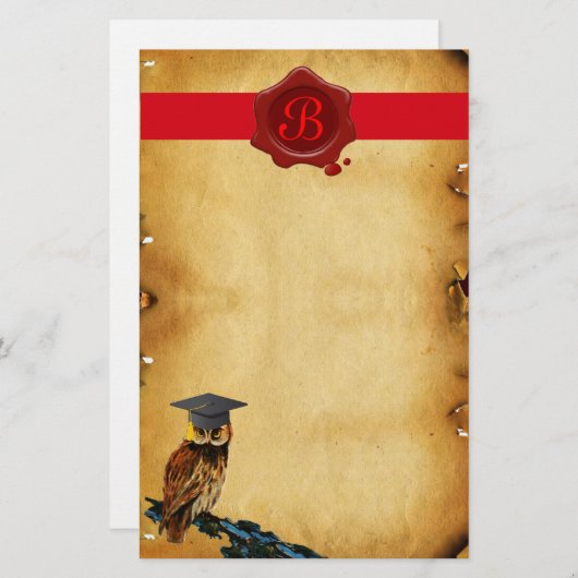 AFSTUDEREN OWL PARCHMENT RED WAX SEAL MONOGRAM BRIEFPAPIER (Voorkant / Achterkant)