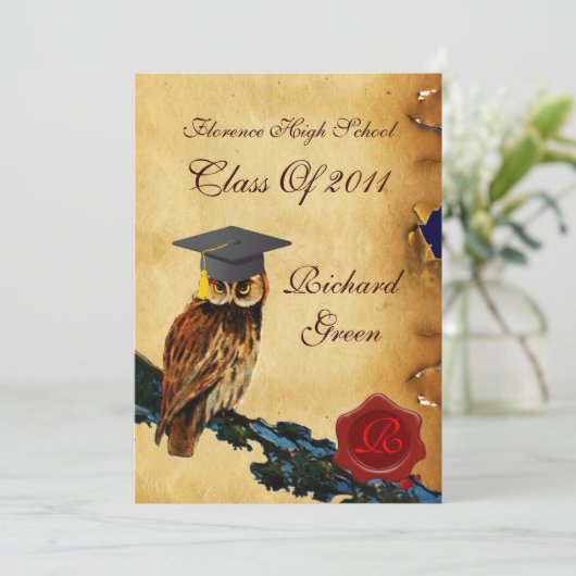AFSTUDEREN OWL PARCHMENT RED WAX SEAL MONOGRAM KAART (Staand voorkant)