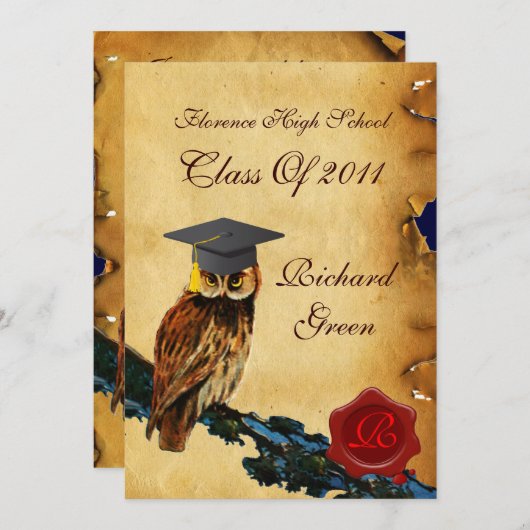 AFSTUDEREN OWL PARCHMENT RED WAX SEAL MONOGRAM KAART (Voorkant / Achterkant)