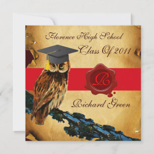 AFSTUDEREN OWL PARCHMENT RED WAX SEAL MONOGRAM KAART