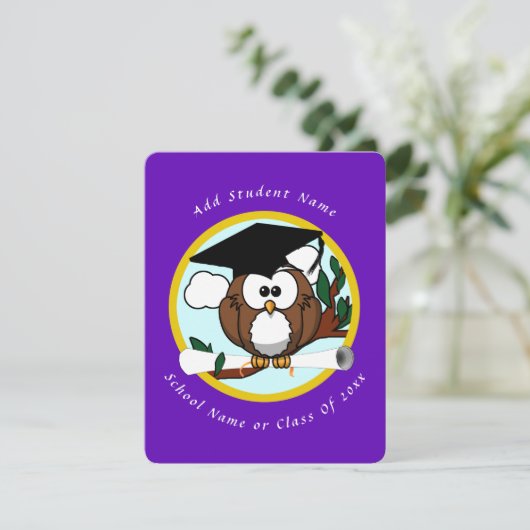 Afstuderen Owl/ Pet & diploma - Paars Aankondiging (Staand voorkant)