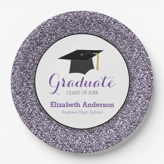 Afstuderen Paars Glitter Mortarboard Papieren Bordje (Voorkant)