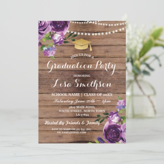 Afstuderen paarse bloemen Licht Hout Uitnodigen Kaart (Staand voorkant)
