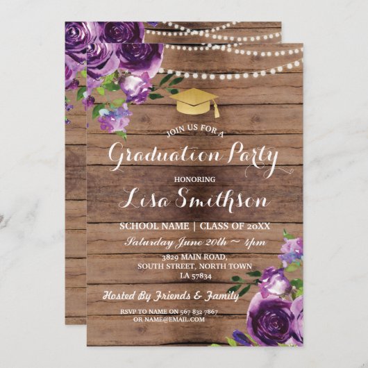 Afstuderen paarse bloemen Licht Hout Uitnodigen Kaart (Voorkant / Achterkant)