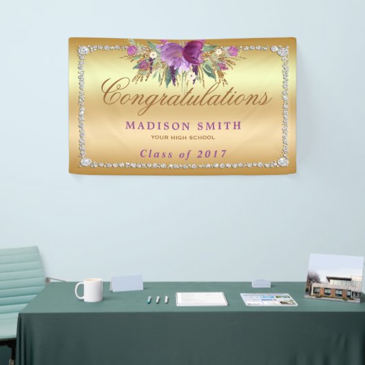 Afstuderen Paarse Glitter Flowers Diamonds Spandoek (Beurs)