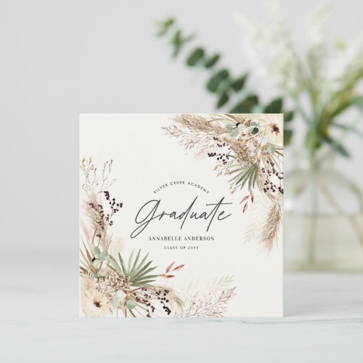 Afstuderen pampas eucalyptus elegant script kaart (Staand voorkant)