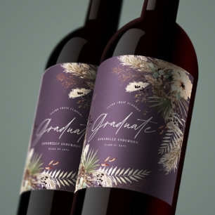 Afstuderen pampas eucalyptus floral paars wijn etiket